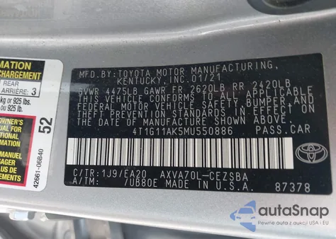2021 Toyota Camry Se from USA, damaged, VIN 4T1G11AK5MU550886